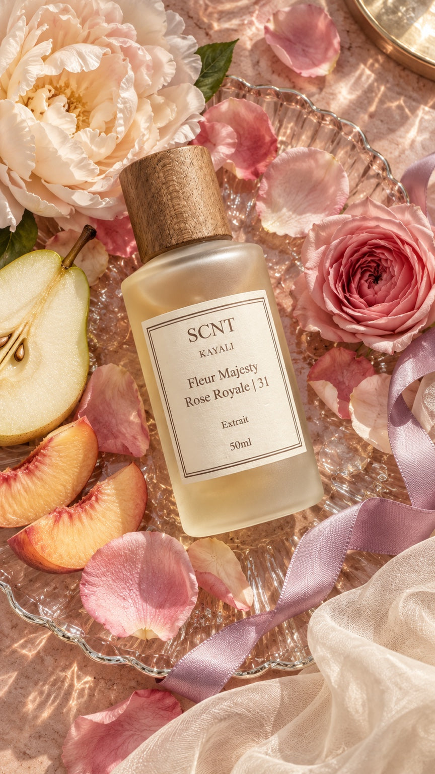 SCNT KAYALI Fleur Majesty Rose Royale 31 Extrait flat lay with pear, peach, rose and ribbon