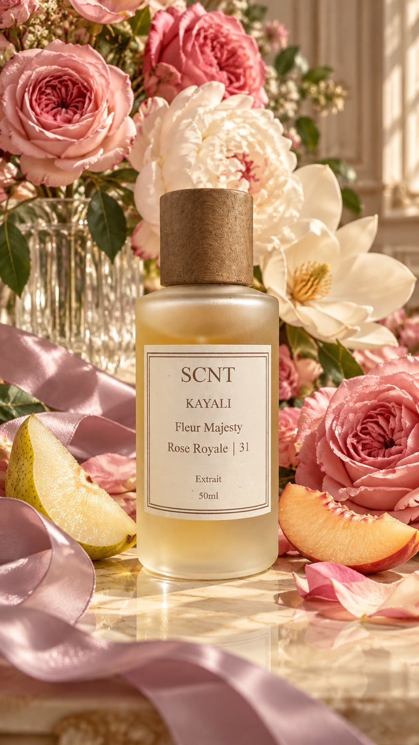 SCNT KAYALI Fleur Majesty Rose Royale 31 Extrait bottle with roses, peony, pear and peach