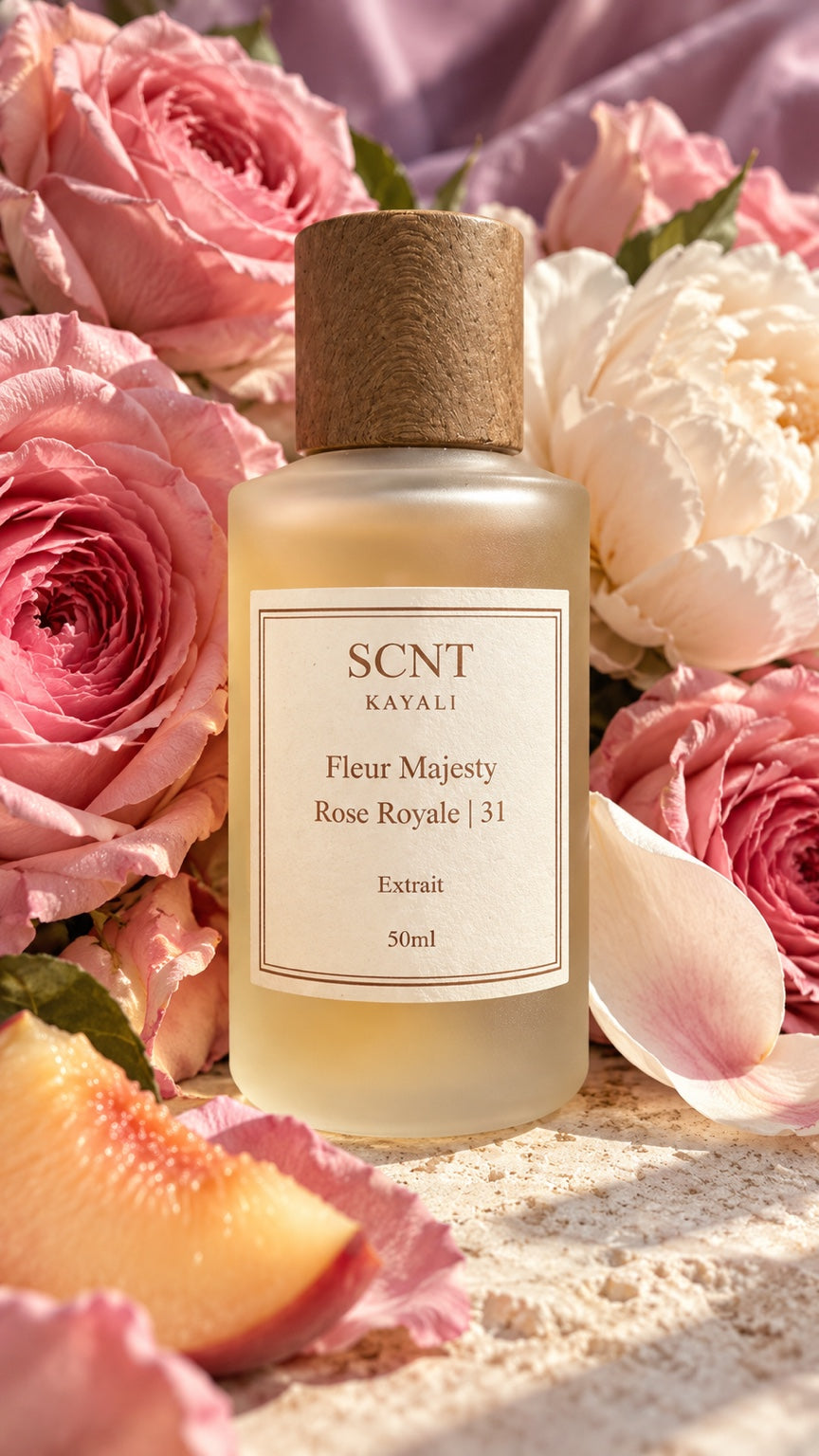 SCNT KAYALI Fleur Majesty Rose Royale 31 Extrait bottle surrounded by pink roses and peony