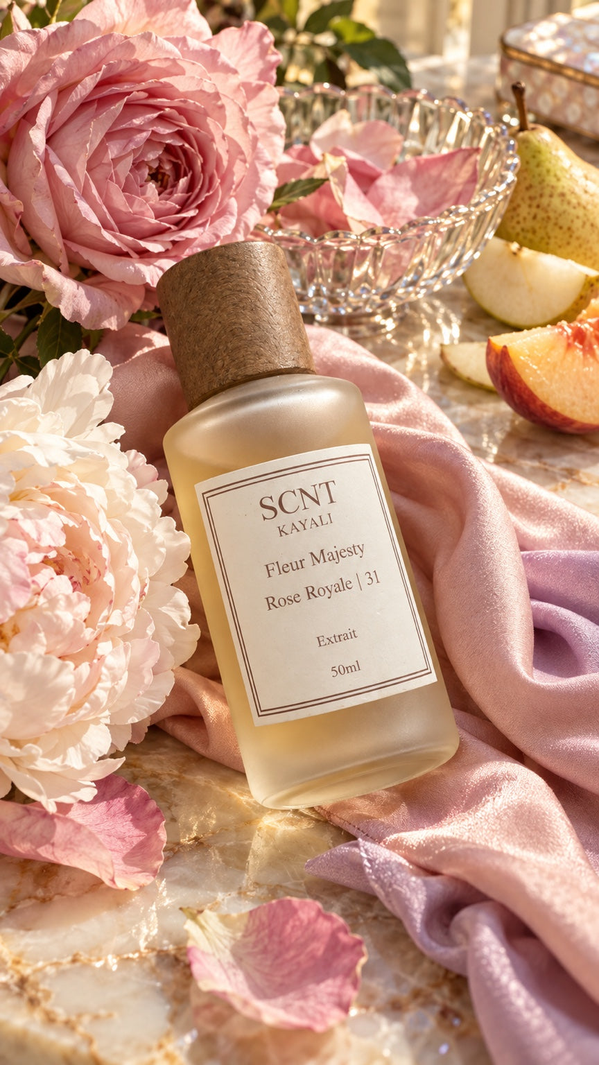 SCNT KAYALI Fleur Majesty Rose Royale 31 Extrait bottle styled with pink silk, roses, pear and peach