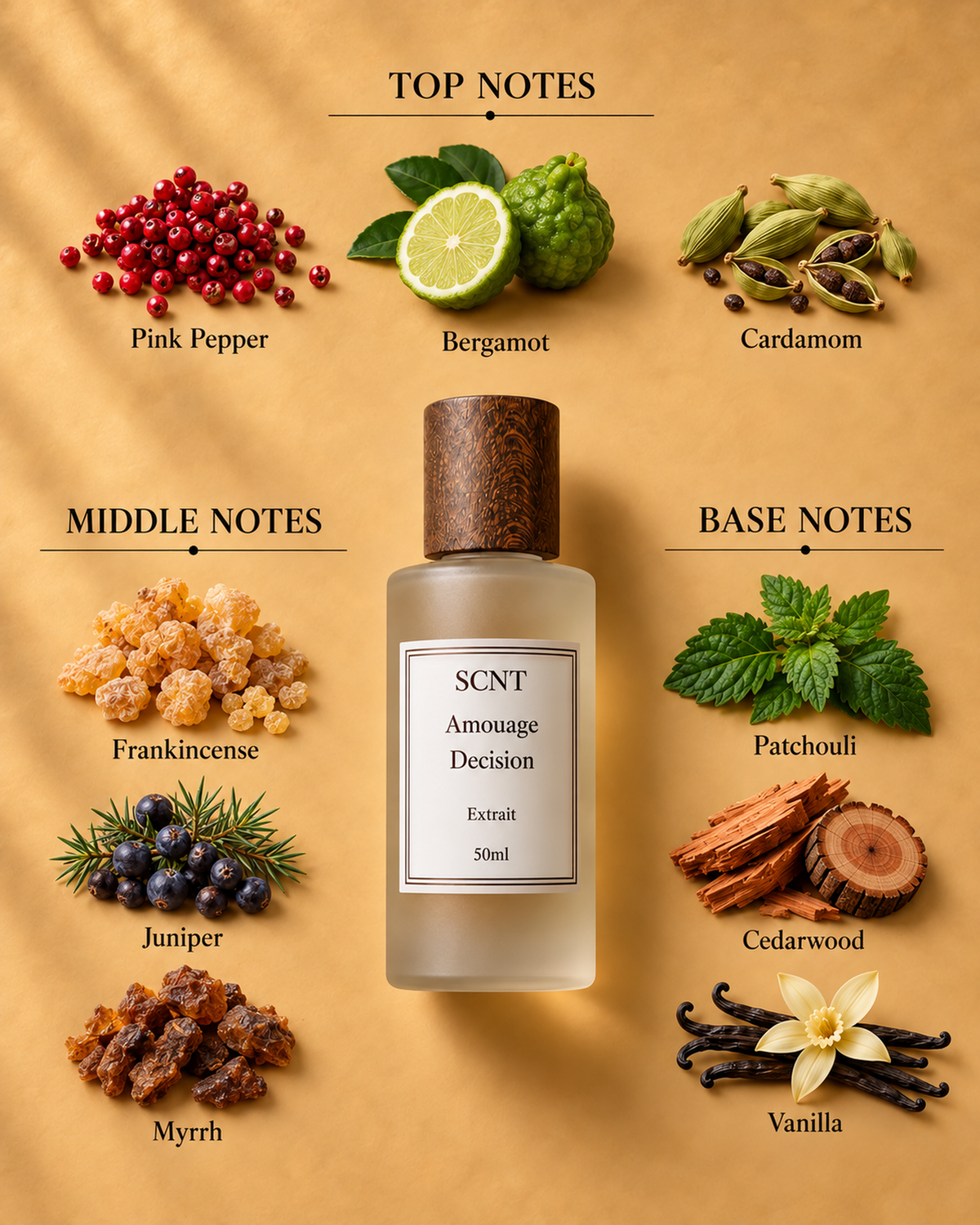Amouage Decision inspired SCNT extrait fragrance notes: pink pepper, bergamot, cardamom, frankincense, juniper, myrrh, patchouli, cedarwood and vanilla