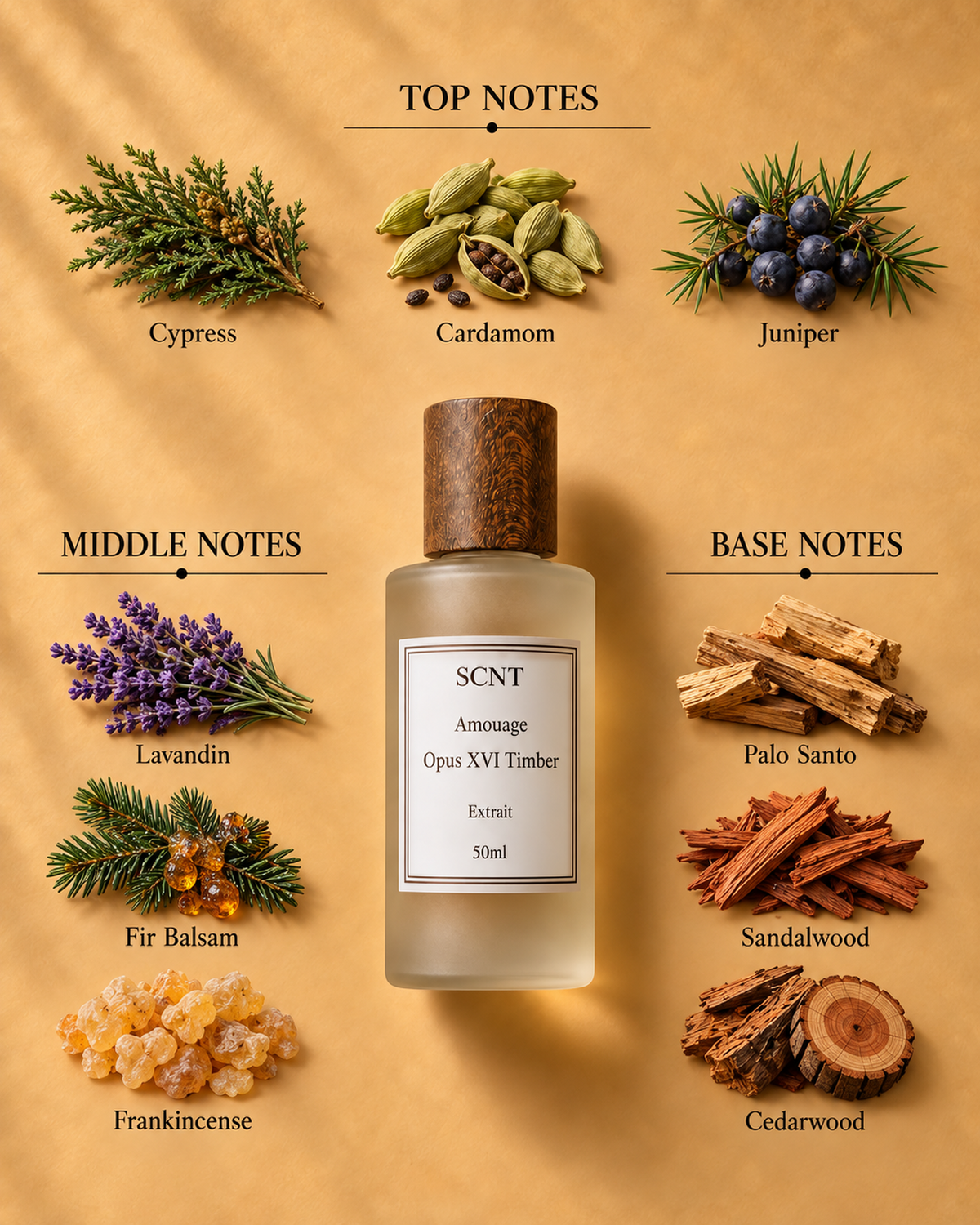 Amouage Opus XVI Timber inspired SCNT extrait fragrance notes: cypress, cardamom, juniper, lavandin, fir balsam, frankincense and woods