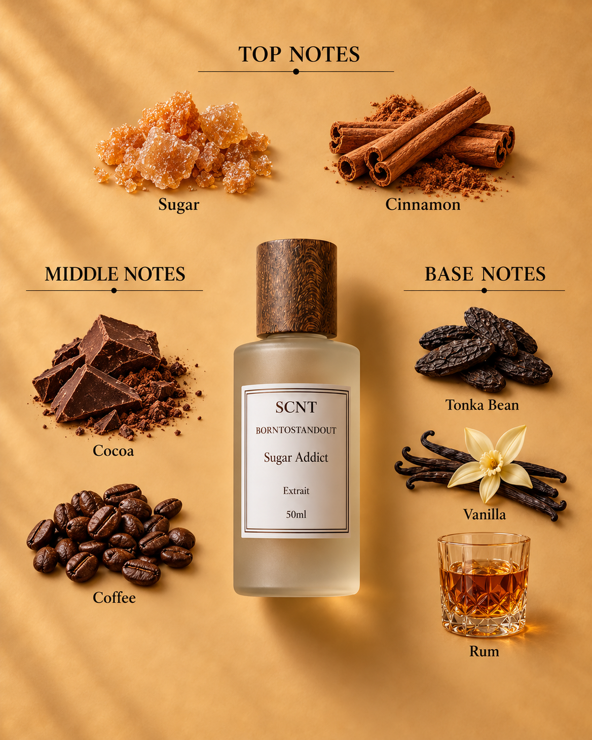 Sugar Addict inspired SCNT extrait fragrance notes: sugar, cinnamon, cocoa, coffee, tonka bean, vanilla and rum