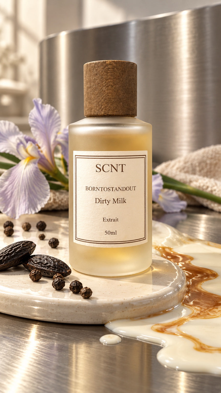 SCNT Dirty Milk Extrait perfume in a warm kitchen scene with caramel, milk, iris and black pepper