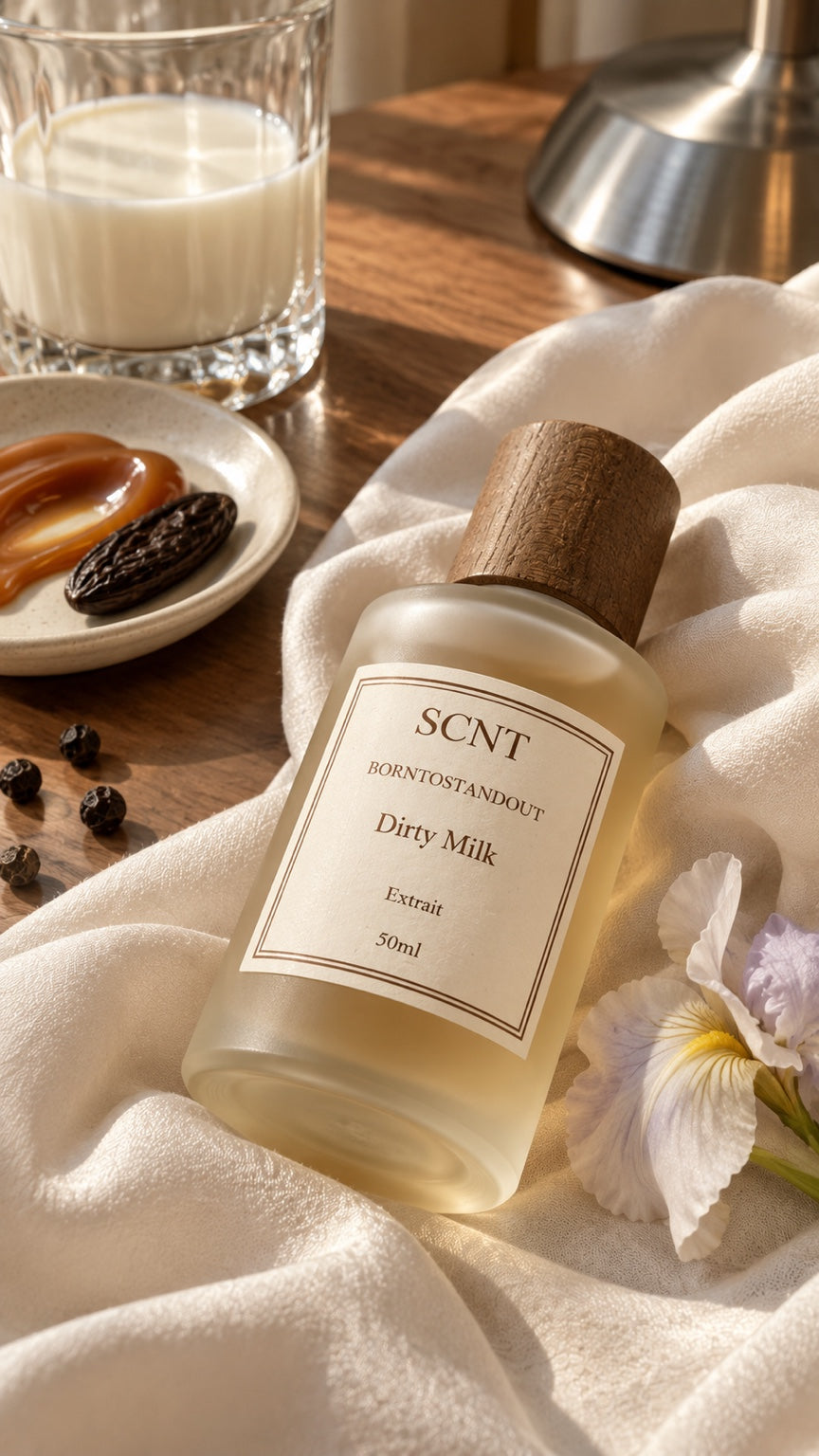 SCNT Dirty Milk Extrait perfume on ivory silk with milk, caramel, tonka bean and iris