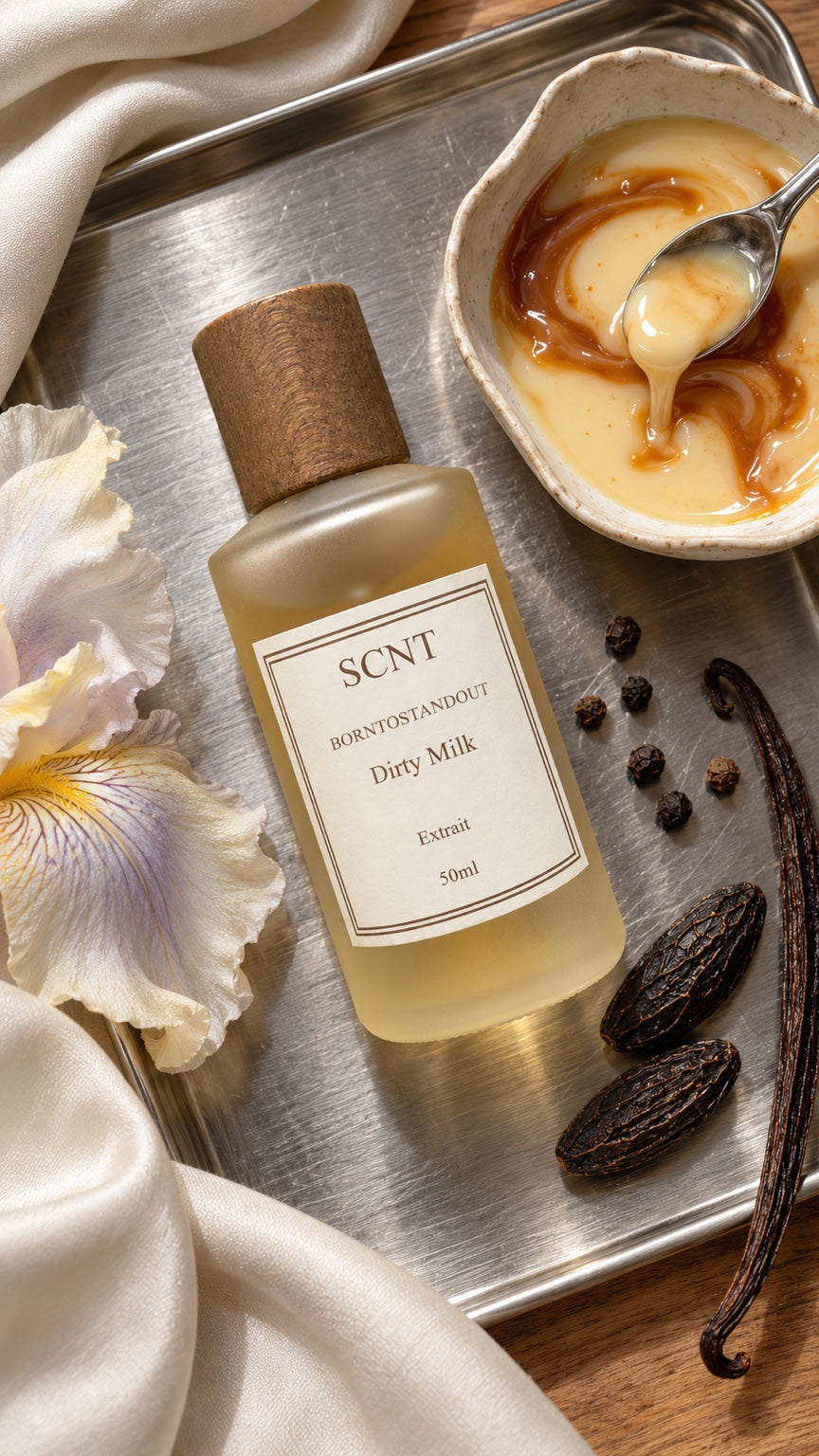SCNT Dirty Milk Extrait perfume on a metal tray with condensed milk, caramel, vanilla and tonka bean