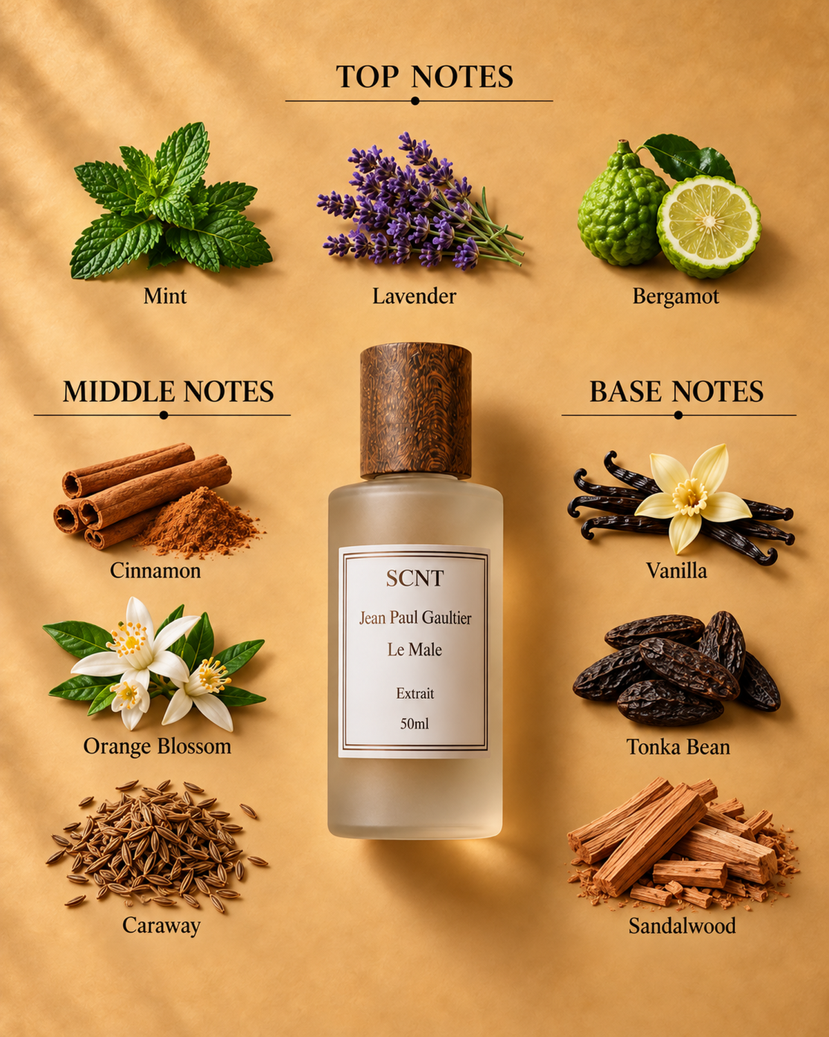 Jean Paul Gaultier Le Male inspired SCNT extrait fragrance notes: mint, lavender, bergamot, cinnamon, orange blossom, vanilla and tonka bean