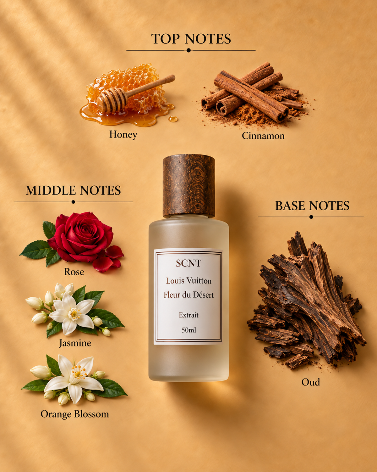 Louis Vuitton Fleur du Désert inspired SCNT extrait fragrance notes: honey, cinnamon, rose, jasmine, orange blossom and oud