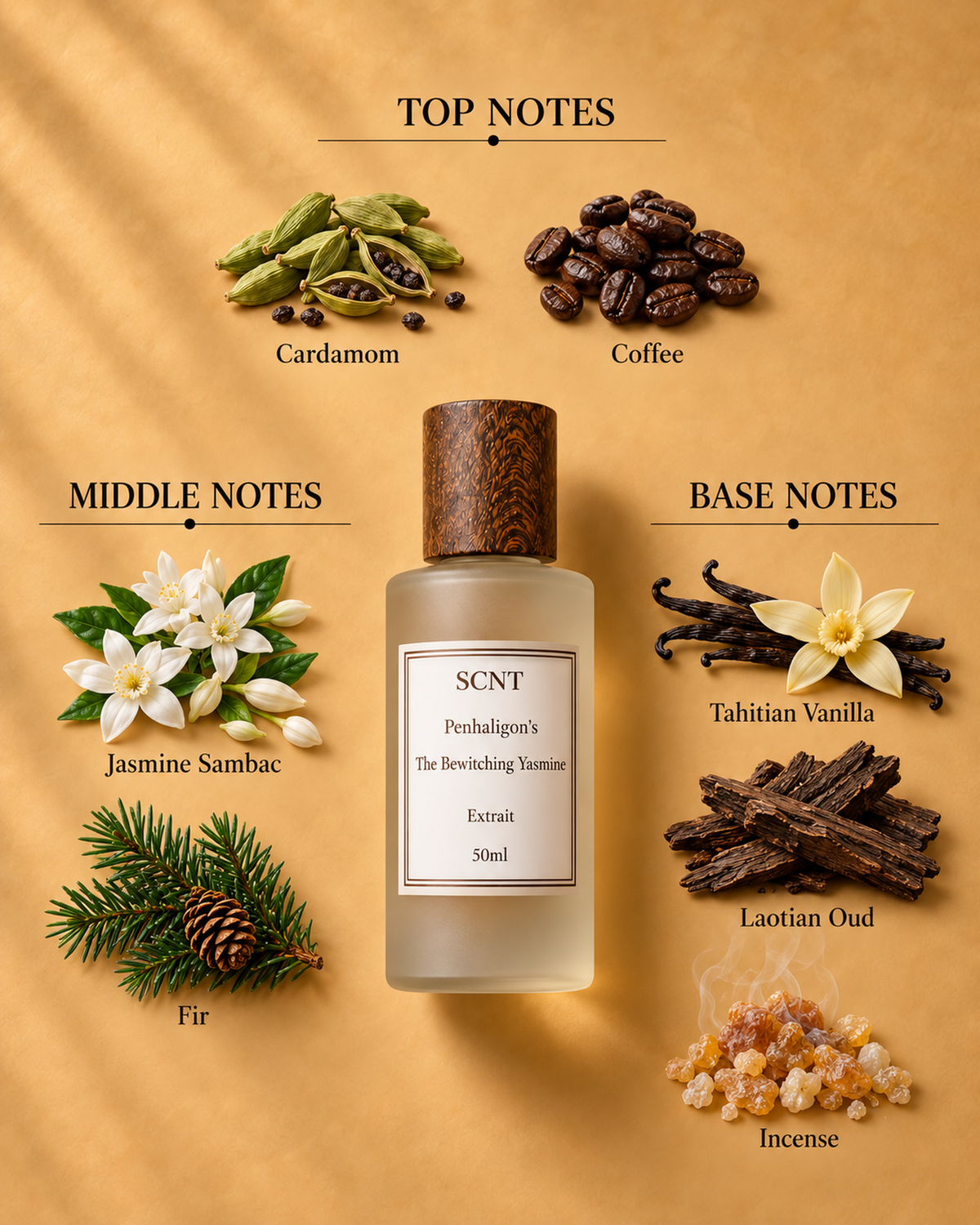 Penhaligon's The Bewitching Yasmine inspired SCNT extrait fragrance notes: cardamom, coffee, jasmine sambac, fir, vanilla, oud and incense