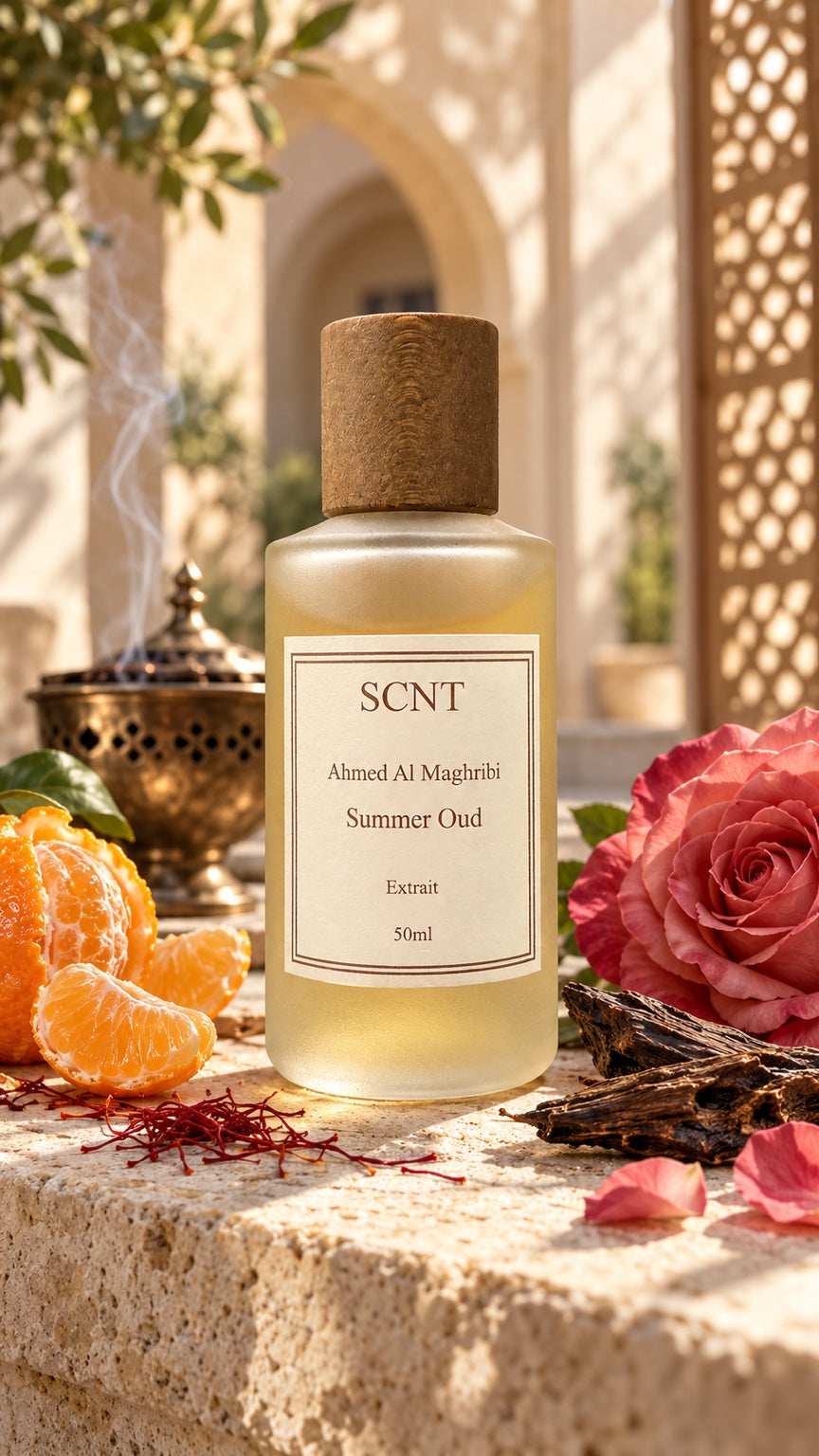 SCNT Summer Oud Extrait perfume in a sunlit courtyard with mandarin, rose, saffron and oud