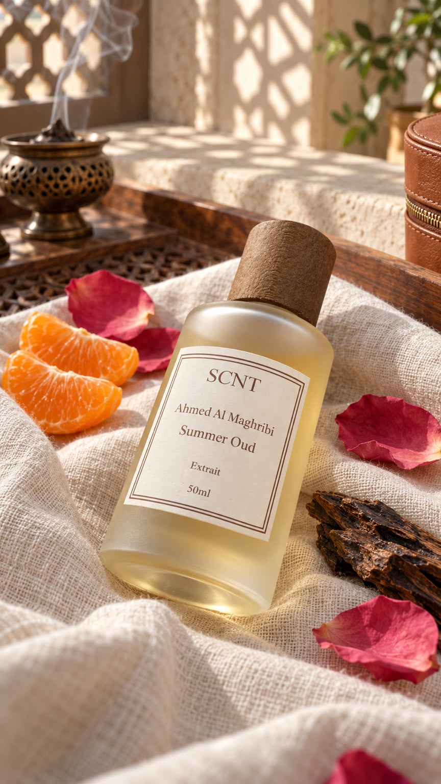 SCNT Summer Oud Extrait perfume on textured linen with mandarin, rose and oud