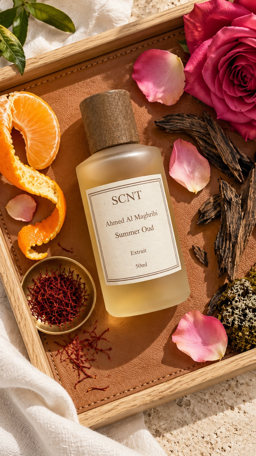 SCNT Summer Oud Extrait perfume on a leather tray with saffron, mandarin, rose and oud