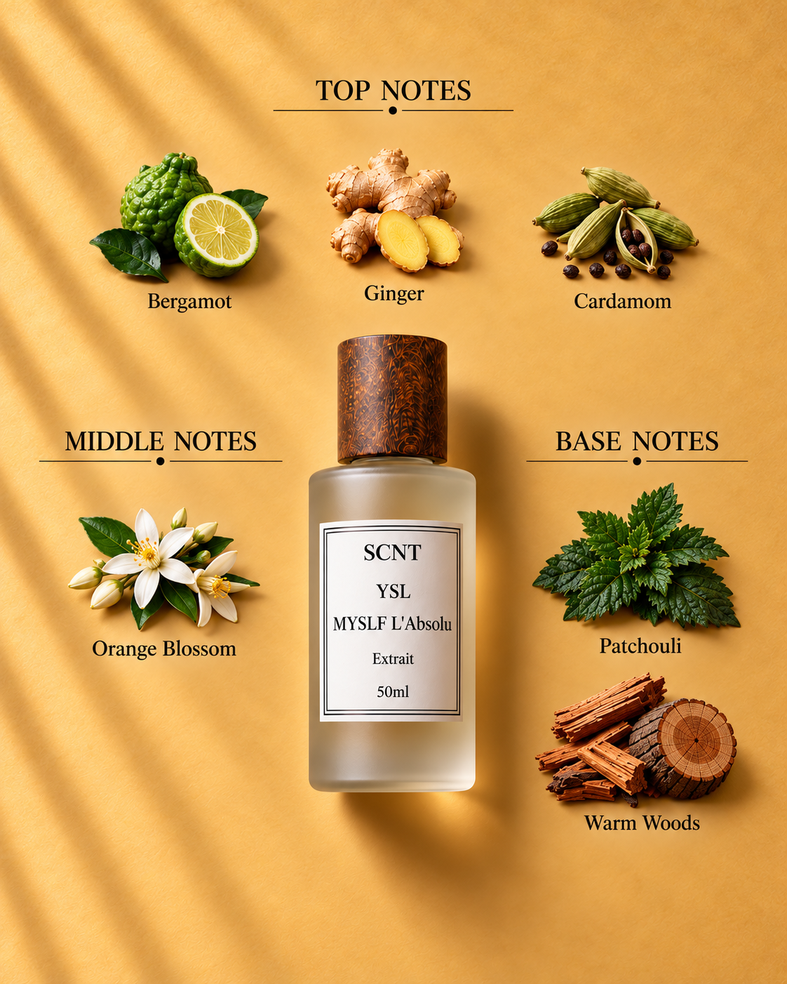 SCNT YSL MYSLF L’Absolu Extrait 50ml with top, middle and base notes on a beige background